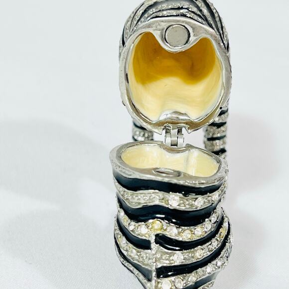 Zebra Shaped Ceramic Hinged Trinket Box Porcelain Crystals Black Silver Blue Eye - Picture 6 of 9
